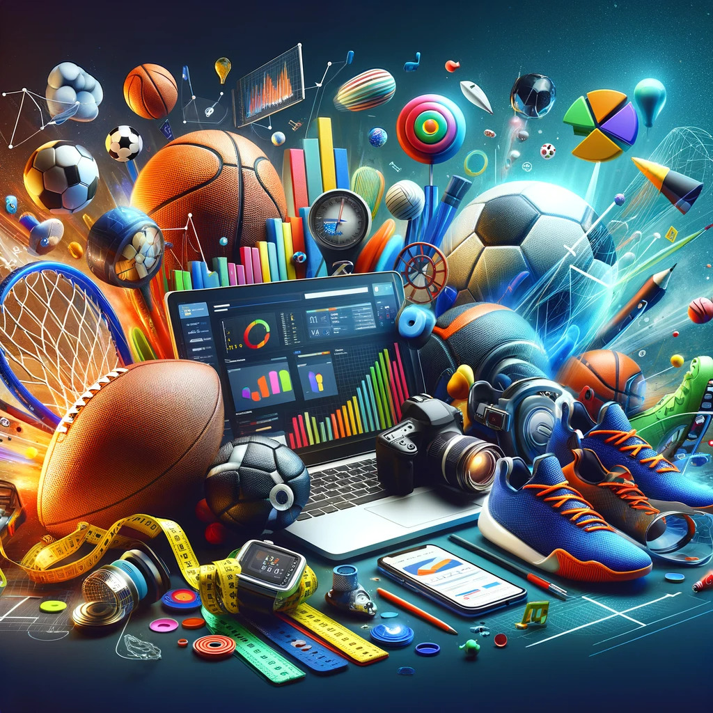 Dall·e 2023 12 06 14.32.47 A Creative And Engaging Image Representing A Sports Marketing Concept. The Scene Includes A Variety Of Sports Equipment Like Footballs Basketballs A