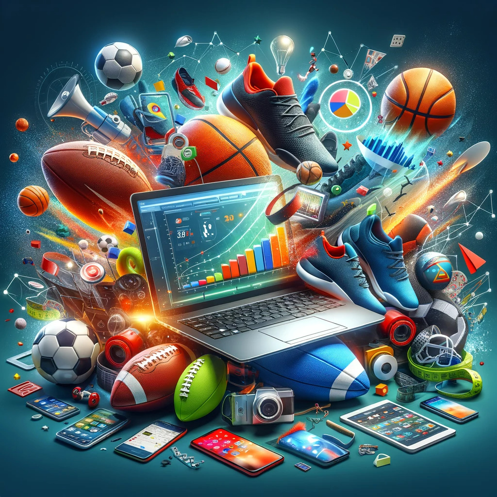 Dall·e 2023 12 06 14.32.55 A Creative And Engaging Image Representing A Sports Marketing Concept. The Scene Includes A Variety Of Sports Equipment Like Footballs Basketballs A