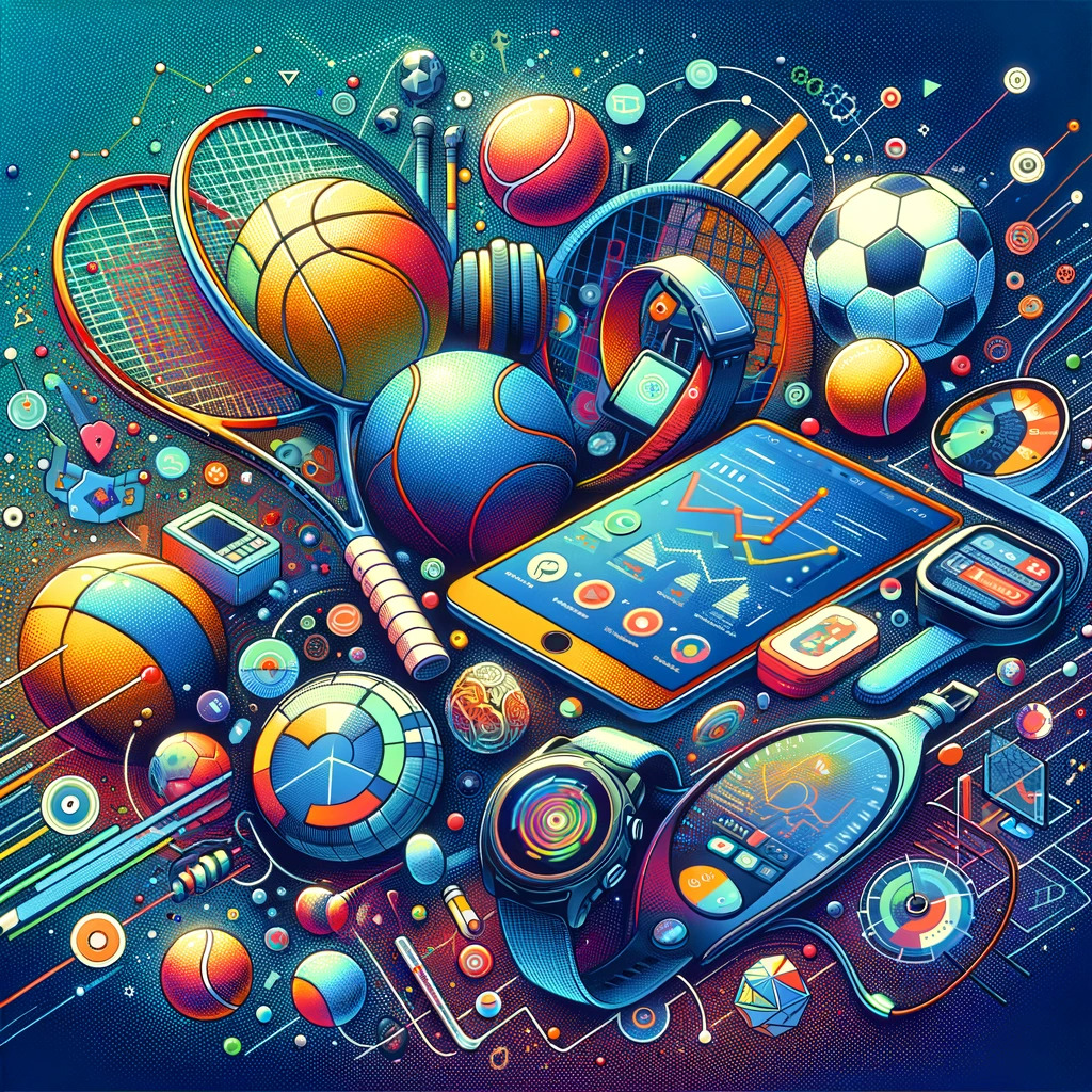 Dall·e 2023 12 06 14.35.19 A Vibrant And Detailed Illustration Depicting The World Of Sports Marketing. The Image Showcases A Diverse Array Of Sports Equipment Like Tennis Racke