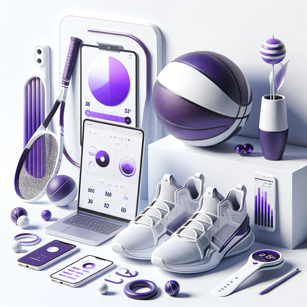 Dall·e 2023 12 06 14.36.33 A Minimalist And Stylish Sports Marketing Concept Image With A White Background And Purple Shades. The Scene Features Sleek Sports Equipment Like A Pu