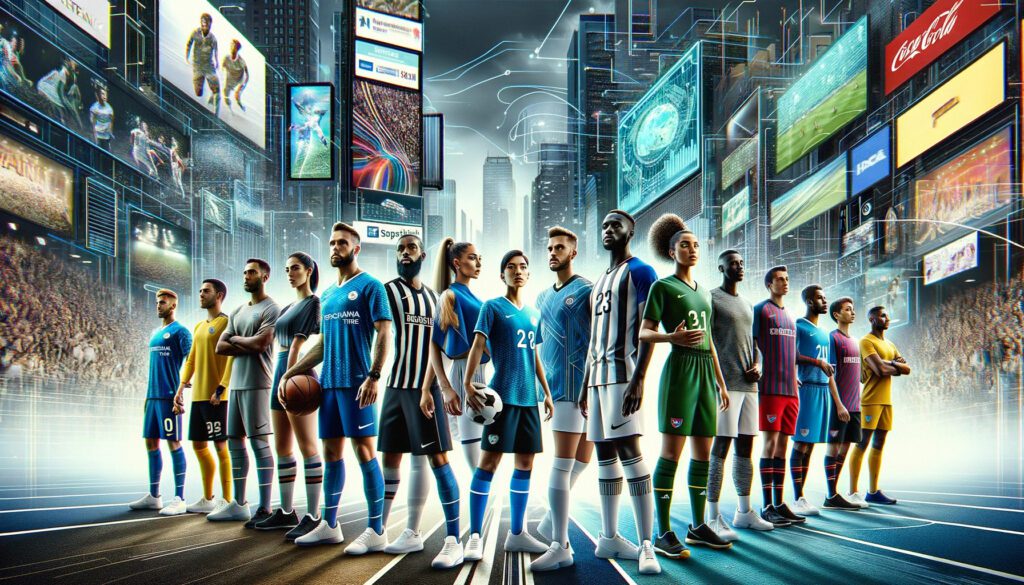 Dall·e 2023 12 20 13.48.46 Visualize A Modern Bustling Cityscape As The Background Representing The Dynamic Nature Of Current Trends In Team Sponsorship. In The Foreground A