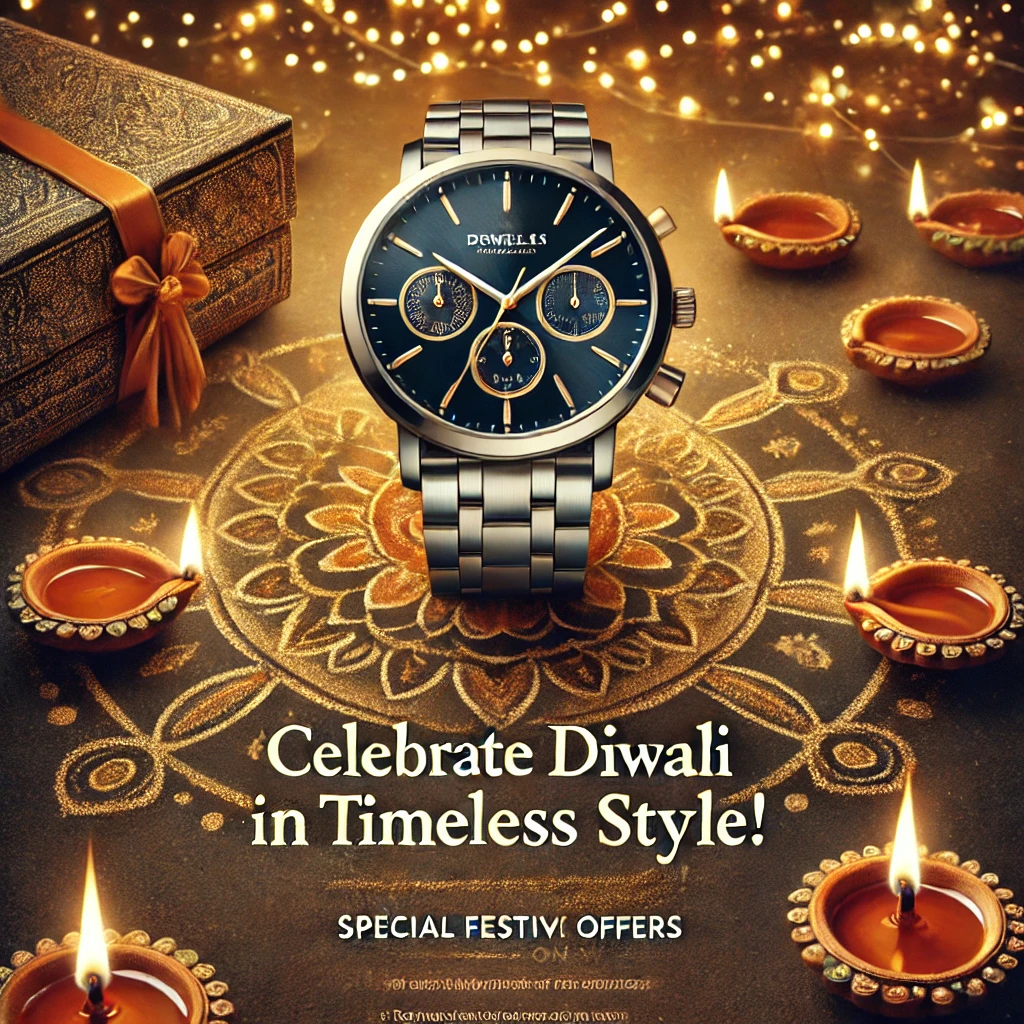 Dall·e 2024 10 09 16.25.43 An Ad Creative For Diwali Festival Promotions For A Watch Brand Featuring A Stylish Luxury Watch Displayed Against A Festive Diwali Backdrop With Ele