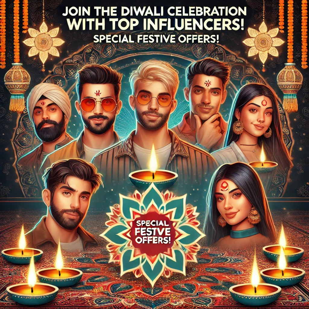 Dall·e 2024 10 09 16.25.46 An Ad Creative For Diwali Festival Promotions Featuring Influencers Showcasing Popular Social Media Personalities Or Creators Against A Festive Diwal