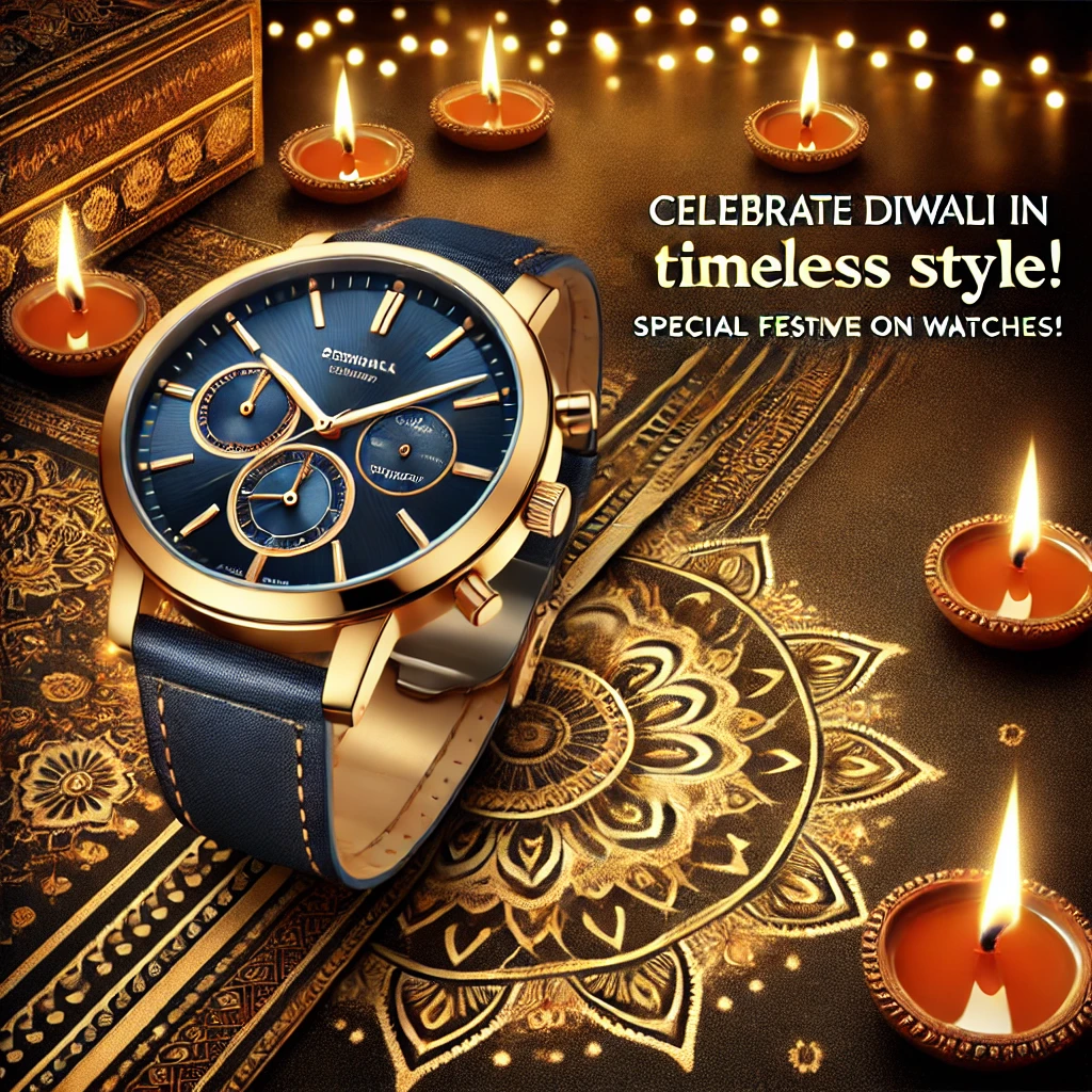 Dall·e 2024 10 09 16.25.51 An Ad Creative For Diwali Festival Promotions For A Watch Brand Featuring A Stylish Luxury Watch Displayed Against A Festive Diwali Backdrop With Glo