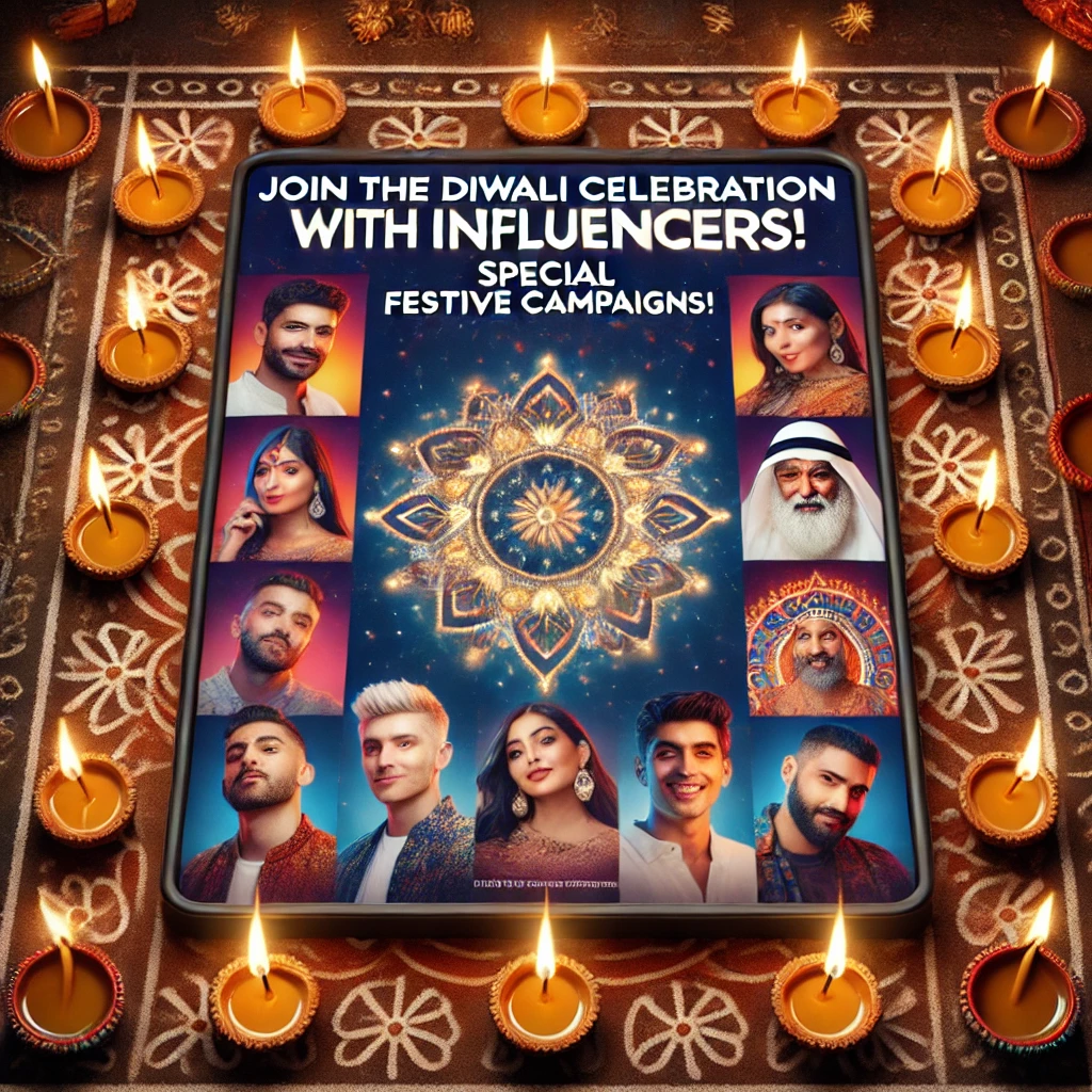 Dall·e 2024 10 09 16.25.53 An Ad Creative For Diwali Festival Promotions For Influencers Featuring Popular Social Media Personalities Or Creators With A Festive Backdrop Of Glo