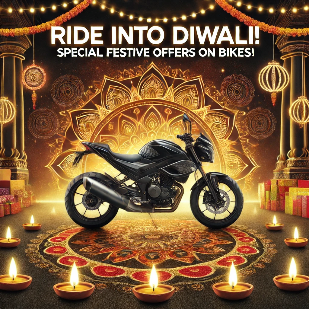 Dall·e 2024 10 09 16.25.56 An Ad Creative For Diwali Festival Promotions For A Bike Brand Featuring A Sleek Motorbike Displayed Against A Festive Diwali Backdrop With Glowing D